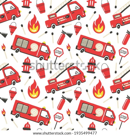 Firefighter seamless pattern. Fire truck with ladder extinguisher and hose. Hand drawn cartoon trendy scandinavian childish doodle cars. Decor textile, wrapping paper wallpaper vector print or fabric Royalty-Free Stock Photo #1935499477