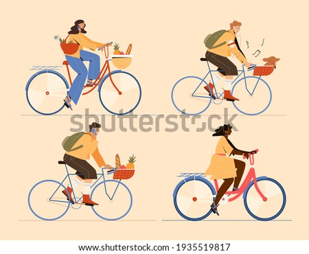 Set with people men and women riding bikes. Vector illustration