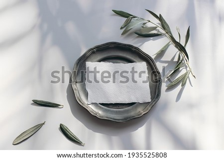 Summer wedding stationery mock-up scene. Blank business card, invitation in sunlight. Silver plate with olive branches in sunligh isolated on white table background. Shadows overlay. Flat lay, top.