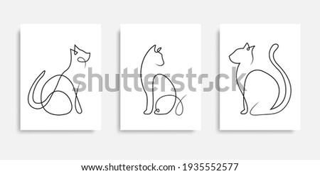 Cat one line drawing vector. Continuous line cats cover poster. Line art. Poster for concept design. Typography poster. Black doodle illustration. Contour symbol. Silhouette vector. EPS 10