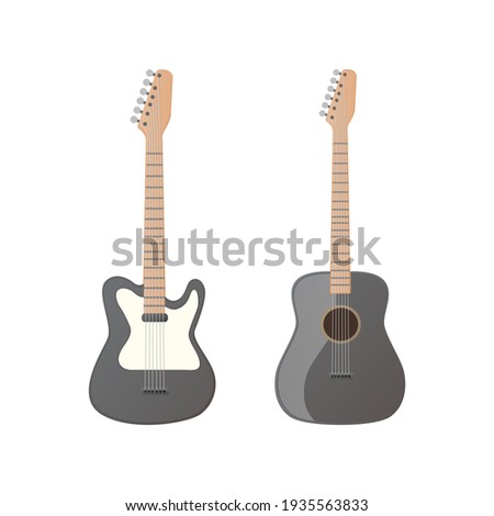 Electric and acoustic guitar set. Vector flat illustration. Isolated on white background.
