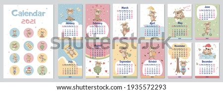 2021 Calendar of cartoon cute bulls in different poses isolate on a white background. Vector graphics