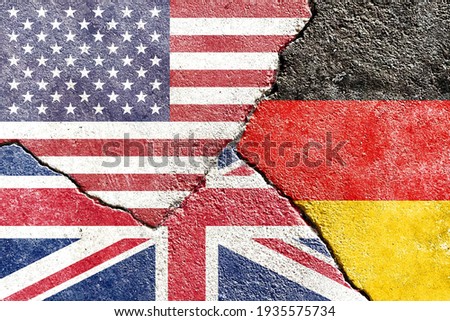 USA vs Germany vs UK national flags icon isolated on cracked wall background, abstract US Germany UK politics economy relationship divided conflicts texture wallpaper