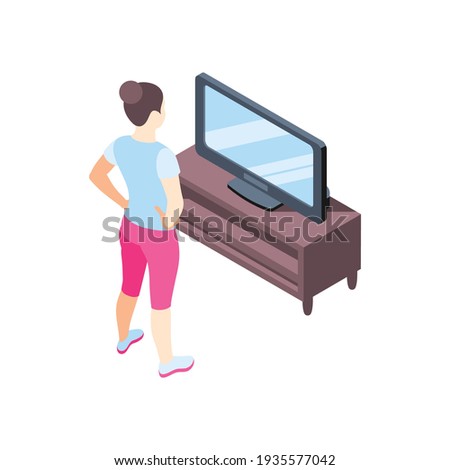 Fitness online isometric composition with female character doing remote physical exercises using tv vector illustration