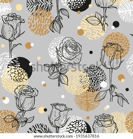 Vector Seamless Pattern of Outline Rose Flowers and Abstract Doodle Circles with Wild Animal Skin Print. Hand drawn Sketch Branches of Roses Floral Background. Plants Wallpaper