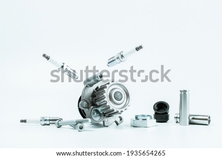Car construct. Set of new metal car part. Auto motor mechanic spare or automotive piece isolated on white background. Technology of mechanical gear Royalty-Free Stock Photo #1935654265