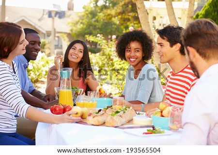 Group Of Friends Enjoying Meal At Outdoor Party In Back Yard Royalty-Free Stock Photo #193565504