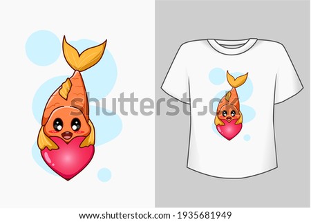 Mockup cute fish and love cartoon illustration