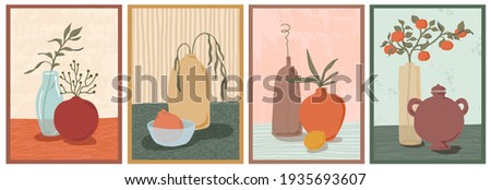Set of wall art paintings. Still life composition with vases, plants. Green botanical, tangerine branch, lemon. Hand drawn modern trendy style.  Royalty-Free Stock Photo #1935693607