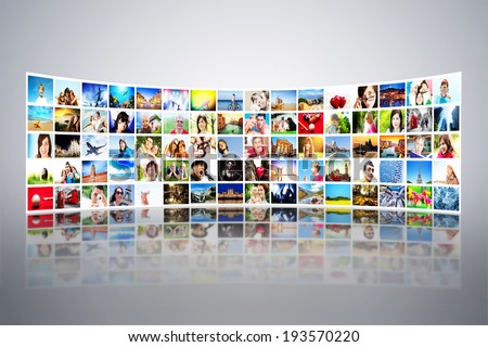 Pictures display on wide modern monitors, screens forming a big multimedia broadcast. All photos are mine. Concepts of television, adverstising, high definition, entertainment. Royalty-Free Stock Photo #193570220