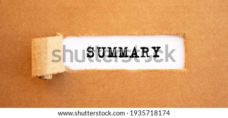 Text SUMMARY appearing behind torn brown paper. For your design, concept.