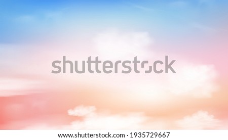 Sky Background,Pink color abstract fluffy cloud,Cartoon Morning Summer Sky pastel blue,yellow,Fantasy dramatic soft orange Sunset in Autumn,Vector illustration fairy mystic blur sunrise  in Winter
