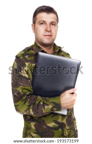 Soldier With A Laptop isolated on white background