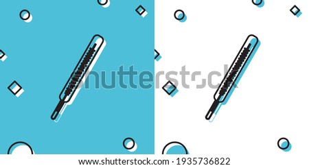 Black Medical thermometer icon isolated on blue and white background. Random dynamic shapes