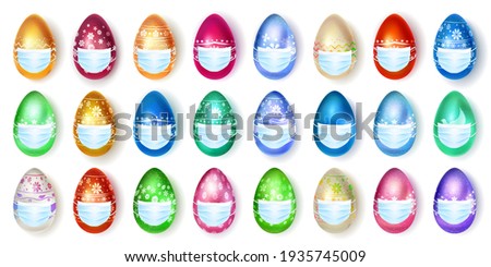 Set of realistic Easter eggs in various colors with holiday symbols in medical masks on white background