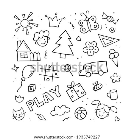 Set of children drawings. Hand drawn set of cute kids doodles. Vector black and white outline.