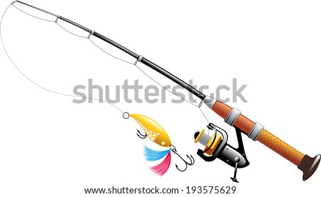 Spinning with spoon and expanded fishing line isolated on white background