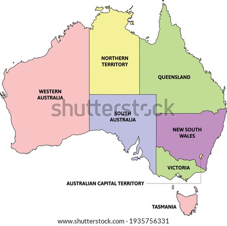 Australia administrative map with states. Colored. Vector Royalty-Free Stock Photo #1935756331
