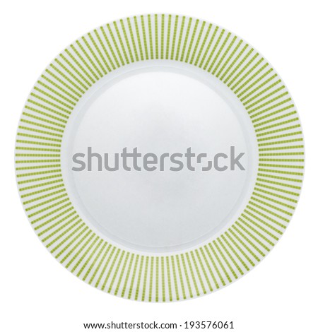 Empty dinner plate with green border from above isolated on white.