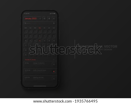 Vector Calendar Mobile App January 2022 Conceptual UI Neumorphic Design Dark Version On Photorealistic Phone IPhone Mockup on Abstract Background. Business Planner Application for Mobile Phone
