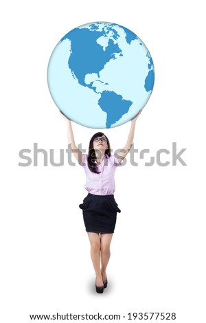 Businesswoman is holding world globe on white background. Earth image courtesy NASA
