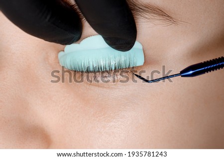 Staining, curling, laminating, lash lift. Rollers, hair curlers for eyelashes. Eyelash Extension Procedure. Lengthening lashes for girl in beauty salon. Beauty Concept. Royalty-Free Stock Photo #1935781243