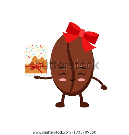 Easter cute coffee bean with easter cake isolated on white baclground. Roasted coffee grain easter character with sweet decorated cake. Flat cartoon vector drink seed clip art illustration.