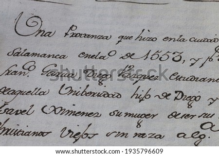 Detail of a 16th century manuscript written in Old Spanish Royalty-Free Stock Photo #1935796609