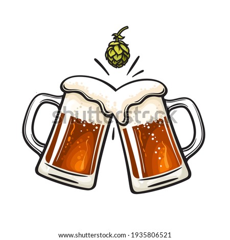 Two toasting beer mugs and hop cone. Cheers. Clinking glass tankards full of beer and splashed foam. Vector illustration isolated on white background. Royalty-Free Stock Photo #1935806521