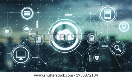 Cloud technology concept with internet network icons connected by lines on digital screen at abstract city background. Double exposure