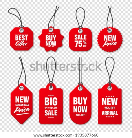 Realistic red price tags collection. Special offer or shopping discount label. Retail paper sticker. Promotional sale badge with text. Vector illustration. Royalty-Free Stock Photo #1935877660