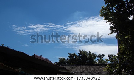 roof and green tree  top line over blue sky and clouds background in summer