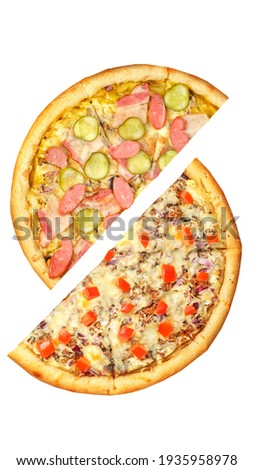Pizza, two halves isolated on a white background. Versus concept.