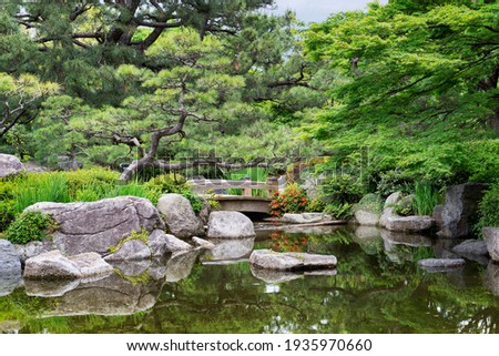 Beautiful calm scene in spring Japanese garden in Fukuoka, Japan