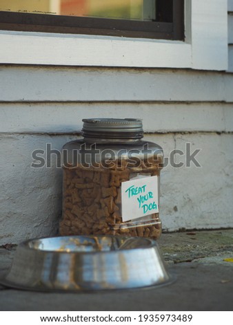 Dog Treats in Storage Container by Water Bowl Outdoors Day