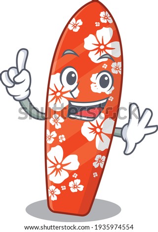 Surfboard caricature design style with one finger pose. Vector illustration