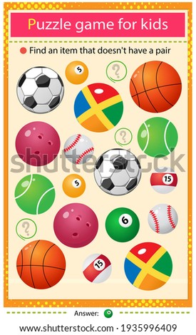 Find a item that does not have a pair. Puzzle for kids. Matching game, education game for children. Color images of sports balls. Worksheet to develop attention.