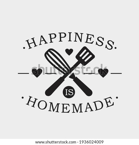 Happiness Is Homemade phrase  calligraphic sign with kitchen utensils. Elegant lettering and tool for food preparation, cooking. Typography vector illustration. Royalty-Free Stock Photo #1936024009