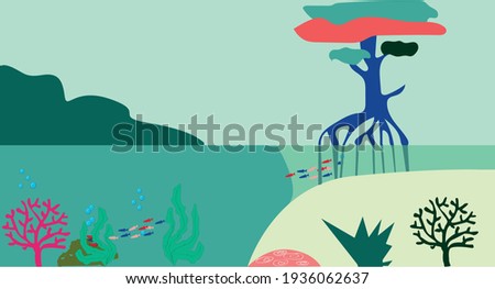 nature, corals and fish. vector illustration, trees and roots