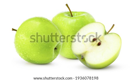 Green apple with cut in half sliced isolated on white background.