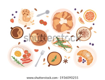 Top view of breakfast food and drinks isolated on white background. Set of meals for brunch or lunch. Colored flat vector illustration of bacon and egg, pancakes, croissant, cups of tea and coffee