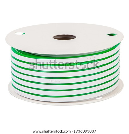 Green LED neon light strip on reel isolated on white background.