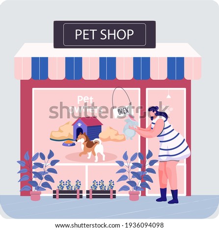 Pet shop with signboard, veterinarian market with showcase, animal accessories store indoors