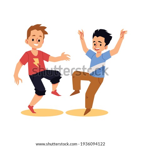 Funny cheerful boys jumping having fun, flat vector illustration isolated.