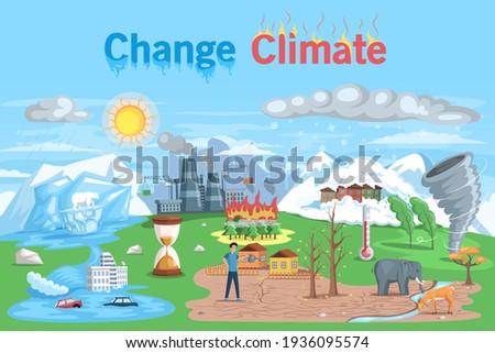 Climate change. Flat global warming tiny persons concept. Nature environment danger. Temperature rising and animal extinction, climate change and danger for ecology. Natural disasters cataclysms Royalty-Free Stock Photo #1936095574