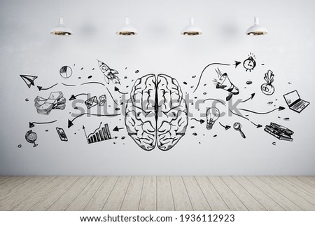 Creating business idea concept with sketch of human brain, light bulb, money, graphs and search symbol on light wall with lamps from top. 3D rendering