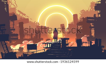 man in the dystopian city standing on building looking at the distant light circles, vector illustration Royalty-Free Stock Photo #1936124599