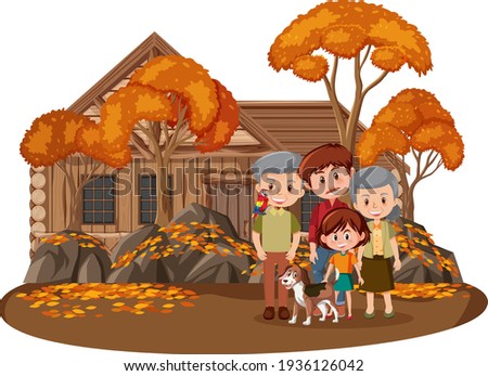 Happy family in the park with many autumn tree illustration