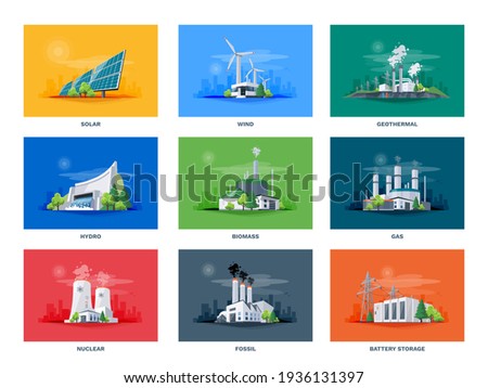 Electricity generation source types. Energy mix solar, water, fossil, wind, nuclear, coal, gas, biomass, geothermal and battery storage. Natural renewable pollution power plants station resources. Royalty-Free Stock Photo #1936131397