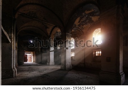Interior of dark creepy abandoned lutheran church of the Virgin Mary. Royalty-Free Stock Photo #1936134475